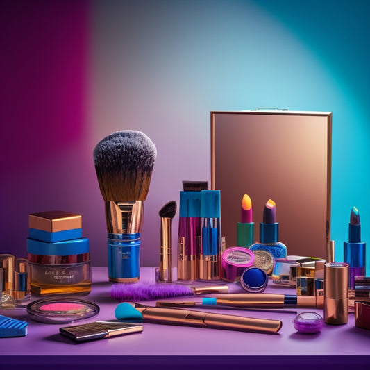 A vibrant, clutter-free beauty station with a mix of colorful makeup products, brushes, and hair styling tools, surrounded by mirrors and softbox lights, with a few strands of hair and makeup swatches scattered around.