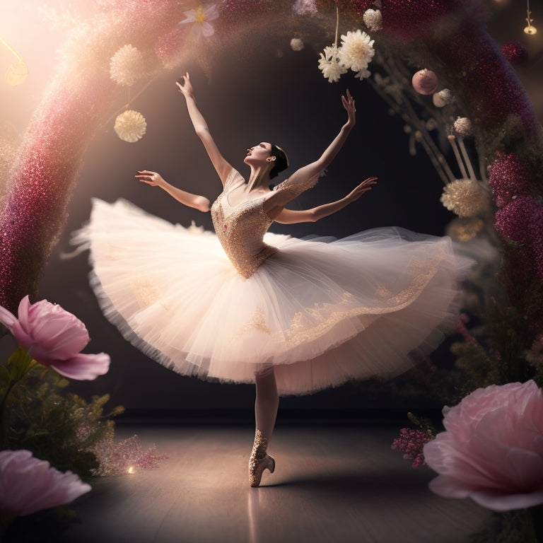 A whimsical illustration of a ballerina in mid-pirouette, surrounded by swirling musical notes and delicate flower petals, with a subtle Nordic-inspired background and soft, warm lighting.