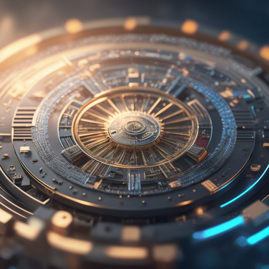 A futuristic, minimalist background with a large, shiny digital badge or medal in the center, surrounded by orbiting gears, circuits, and sparks, symbolizing innovation and technological advancement.