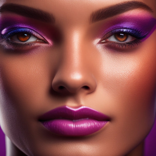 A dramatic, well-lit close-up of a performer's face, showcasing a flawless, high-coverage stage makeup look with sharp contours, bold colors, and a subtle, gradient-like shadow effect on the eyes.