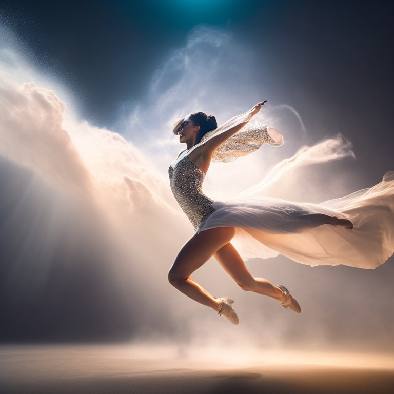 A dramatic spotlight shines on a dancer in mid-leap, surrounded by swirling mist, with subtle sparks and shimmering lights accentuating their movements, conveying dynamic energy and athleticism.