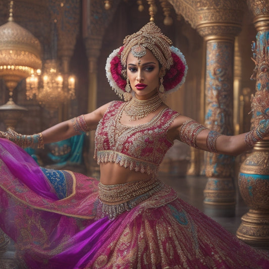 A mesmerizing, golden-hued dancer, adorned with intricate, swirling henna patterns, moves fluidly in a lavish, crimson-draped setting, surrounded by ornate, gilded lanterns and intricately patterned, turquoise tiles.