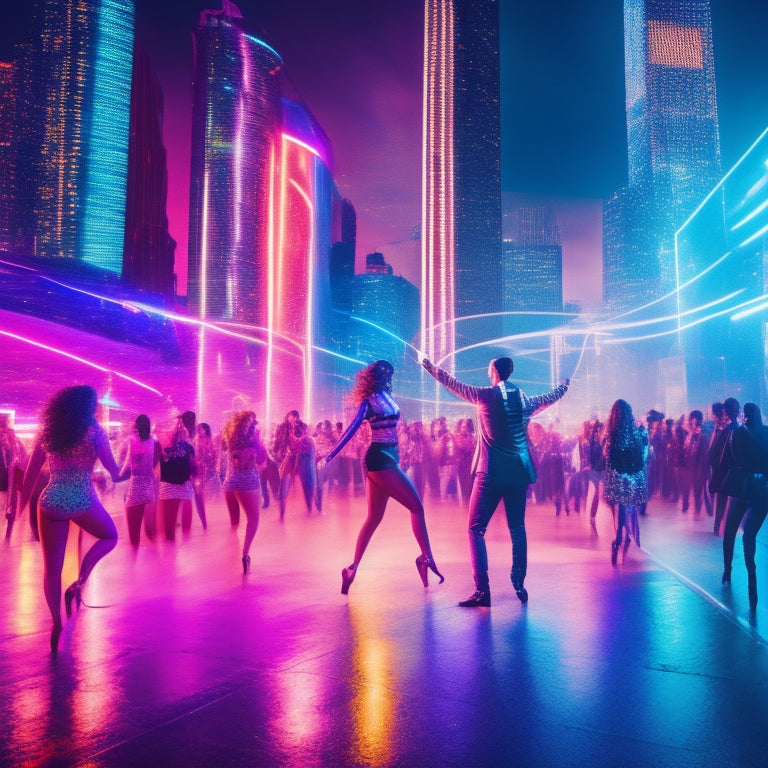 A vibrant, futuristic dance floor scene with holographic dancers, surrounded by swirling lights and orbiting digital files, amidst a cityscape backdrop with sleek skyscrapers and neon-lit billboards.