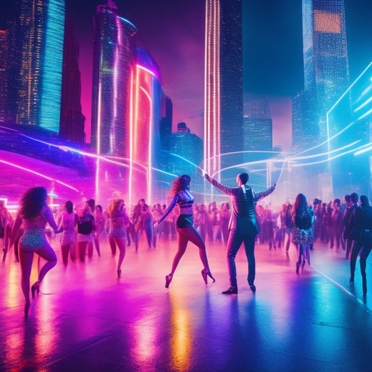 A vibrant, futuristic dance floor scene with holographic dancers, surrounded by swirling lights and orbiting digital files, amidst a cityscape backdrop with sleek skyscrapers and neon-lit billboards.