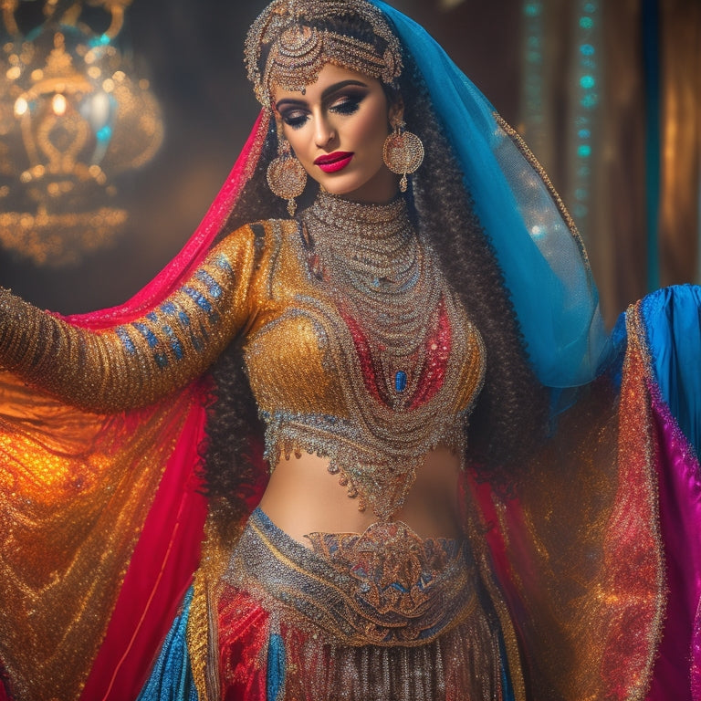 A vibrant, intricately decorated belly dance costume with flowing silk fabrics, shimmering coins, and colorful beads, set against a dark, mystical, and mystical Middle Eastern-inspired background.