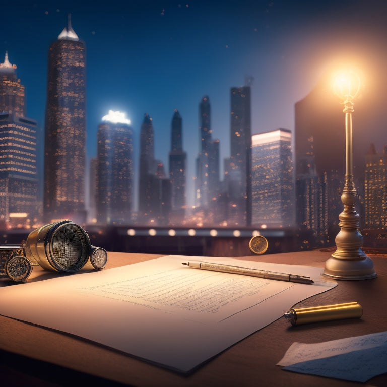 A whimsical illustration of a spotlight shining on a blank stage, surrounded by scattered notes and scribbled scripts, with a subtle background of a cityscape at dusk, symbolizing creativity and spontaneity.