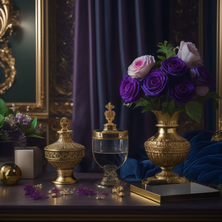 A luxurious, velvet-draped backdrop with ornate, gold accents, featuring a beautifully styled vanity with crystal perfume bottles, a vase with fresh flowers, and a glamorous, ornate mirror.