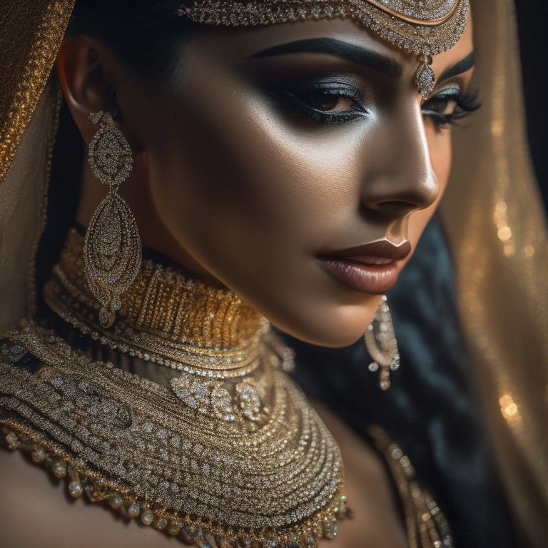 A mesmerizing, close-up portrait of a belly dancer's midriff, adorned with intricate, shimmering jewelry, against a rich, velvety black background, with subtle, golden lighting and soft, dreamy focus.