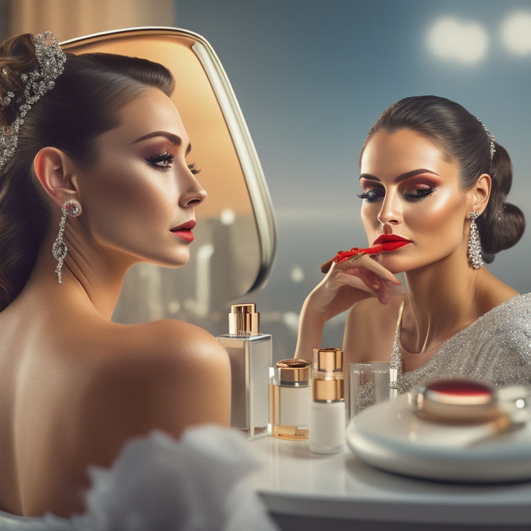 A glamorous bride sits in front of a vanity, surrounded by Porsche-inspired makeup products, with a 911 Carrera model reflected in the mirror, and a subtle cityscape background.