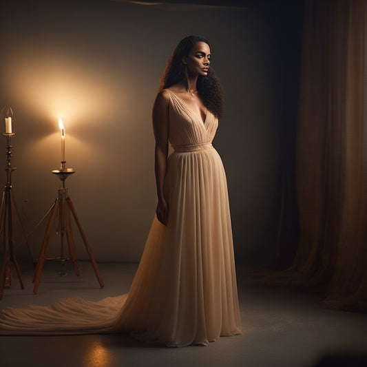 A serene, dimly-lit studio with a warm, golden glow, featuring a woman in a flowing, flowing skirt, poised in a gentle, curved posture, hands on hips, and a subtle, enigmatic smile.