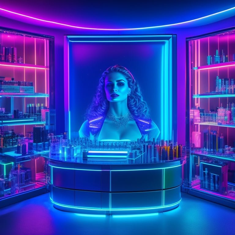 A mesmerizing, futuristic makeup station with neon-lit mirrors, surrounded by holographic screens displaying digital dance makeup tutorials, amidst a dark, sleek, and modern studio backdrop with flashing lights.