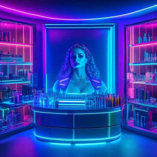 A mesmerizing, futuristic makeup station with neon-lit mirrors, surrounded by holographic screens displaying digital dance makeup tutorials, amidst a dark, sleek, and modern studio backdrop with flashing lights.