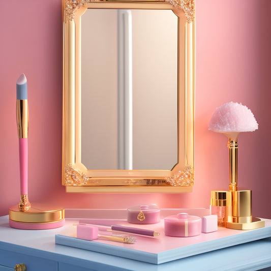 A glamorous, minimalist makeup station with a large, ornate mirror, surrounded by luxurious cosmetics, brushes, and a tablet with a stylus, set against a soft, pastel pink background.