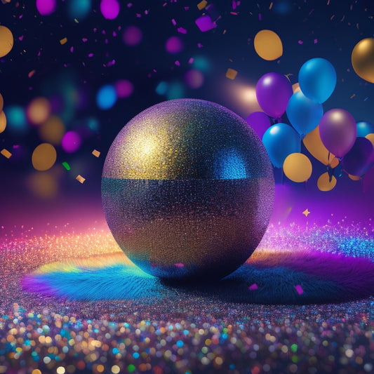 A vibrant, colorful illustration featuring a giant, shiny disco ball surrounded by confetti, balloons, and a subtle dance floor pattern, with various top brand logos subtly integrated into the design.