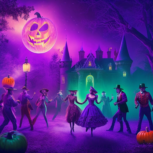 A vibrant illustration of a spooky-themed dance party, featuring a haunted mansion backdrop, glowing jack-o-lanterns, and ghostly dancers in funky costumes, surrounded by swirling purple and green mist.