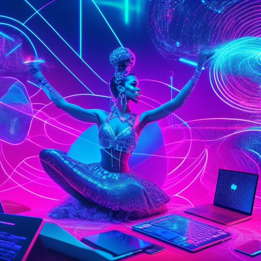 A stylized illustration featuring a dancer surrounded by digital devices, laptops, and tablets, with swirling shapes and lines representing data and connectivity, set against a vibrant, neon-lit background.