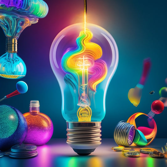 A stylized, modern illustration of a lightbulb bursting with colorful, swirling patterns, surrounded by tiny influencer icons and miniature social media logos, radiating energy and creativity.