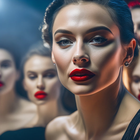 A close-up shot of a pair of bold, red lips, slightly parted, with a subtle sheen, surrounded by blurred-out dancers in mid-movement, with stage lights and shadows dancing across their faces.