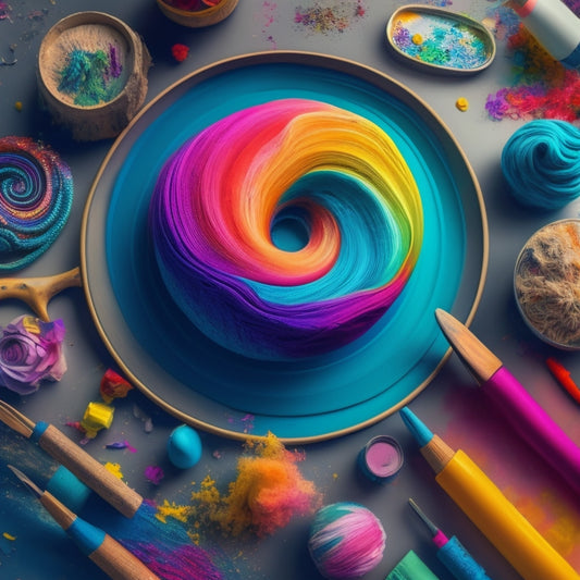 A vibrant, abstract illustration featuring swirling shapes and colors, with various art supplies, like paintbrushes, canvases, and sculptures, blending together in a creative explosion.