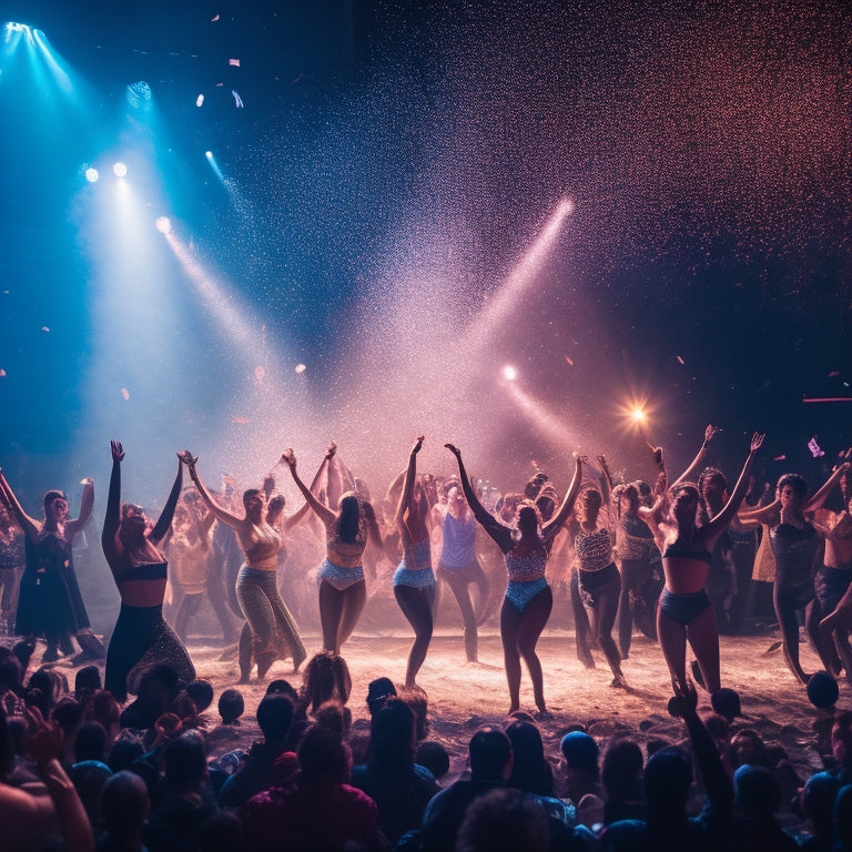 A darkened theater with a spotlight shining down on a group of dancers, their bodies frozen in dynamic poses, surrounded by a sea of upturned faces and applauding hands, with confetti swirling in the air.