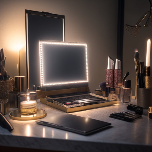 A beautifully lit, modern vanity with a laptop open to a video course website, surrounded by makeup brushes, eyeshadows, and a mirror reflecting a flawless, glamorous dance-inspired makeup look.