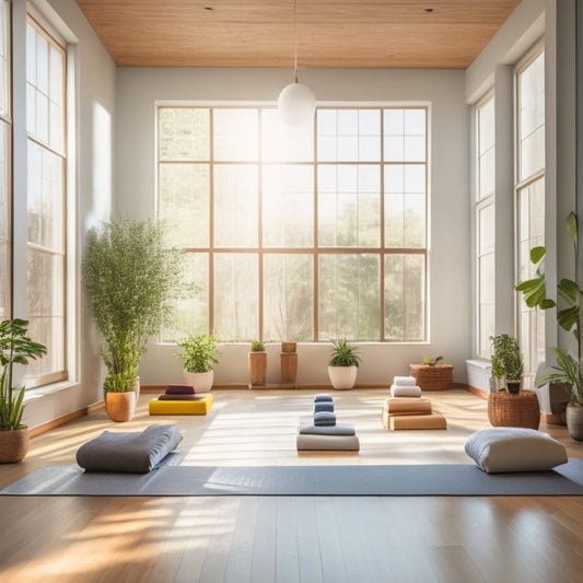 A serene yoga studio with natural light streaming through large windows. Soft wooden floor, neatly arranged colorful yoga blocks in various sizes, a mat, and a tranquil indoor plant in the corner.