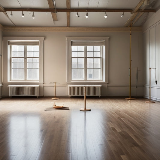 A serene, well-lit dance studio with a wooden ballet barre standing approximately 3-4 feet off the floor, surrounded by empty space and a few scattered dance shoes.