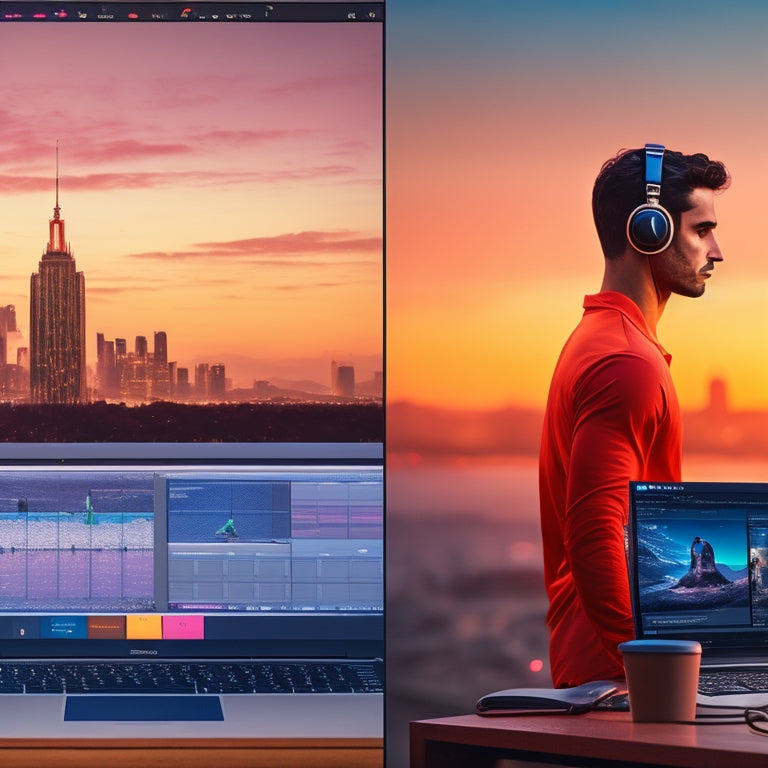 A split-screen image featuring a choreographer in a dance studio, surrounded by laptops and speakers, on one side, and a waveform audio editing software on a laptop screen on the other, with a subtle cityscape at dusk in the background.