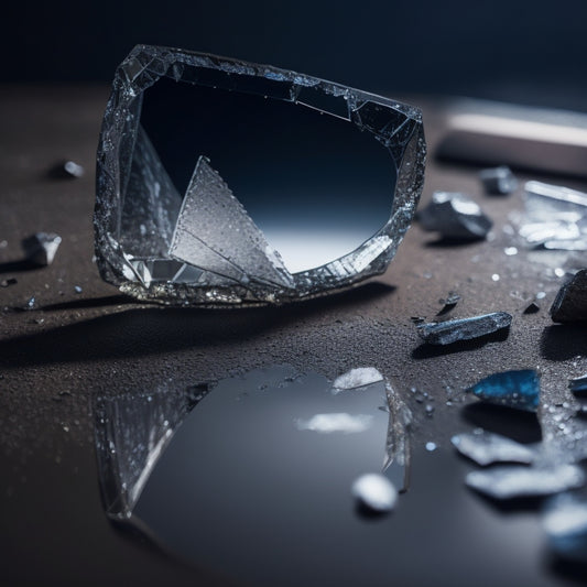 A shattered glassless mirror, with silvered coating cracked and peeling, lying on a dark, reflective surface, surrounded by shards of broken glass in the background, with subtle gradient lighting.