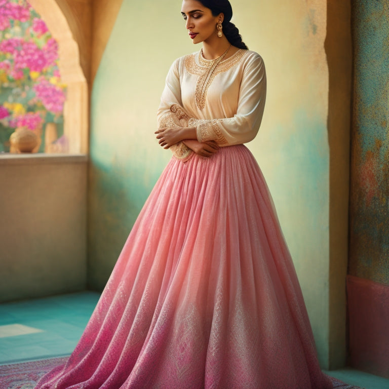 A serene, warmly lit illustration of a woman in a flowing, pastel-colored skirt, her back arched, hands on hips, and a gentle, peaceful smile, surrounded by subtle, swirling Arabic patterns.