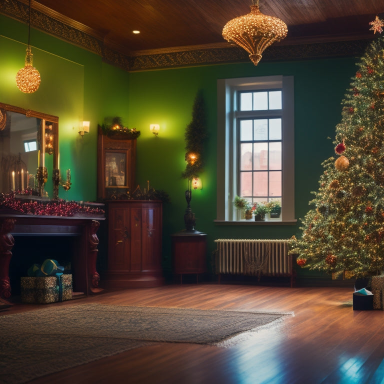 A festive, dimly lit Irish dance studio with a Christmas tree in the corner, adorned with a single, shimmering ornament featuring a male Irish dancer in mid-jump, surrounded by Celtic knotwork patterns.