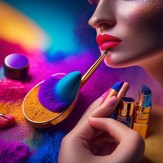 A close-up of Cécile Paravina's hands holding a makeup brush, surrounded by an explosion of colorful eyeshadows, lipsticks, and skincare products, with a blurred, glamorous background.