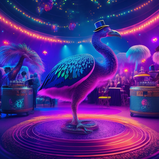 A whimsical illustration of a vibrant, neon-lit dance floor filled with extinct species, including a dodo in a top hat, grooving to a DJ spinning vinyl records amidst a kaleidoscope of swirling lights.