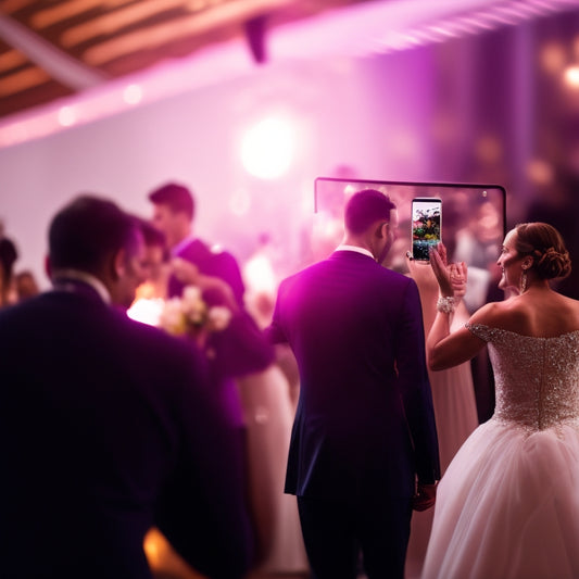 A joyful, blurred background of a wedding reception with dancing guests, overlaid with a transparent smartphone screen displaying a scheduling app, with a calendar and clock icons prominent.