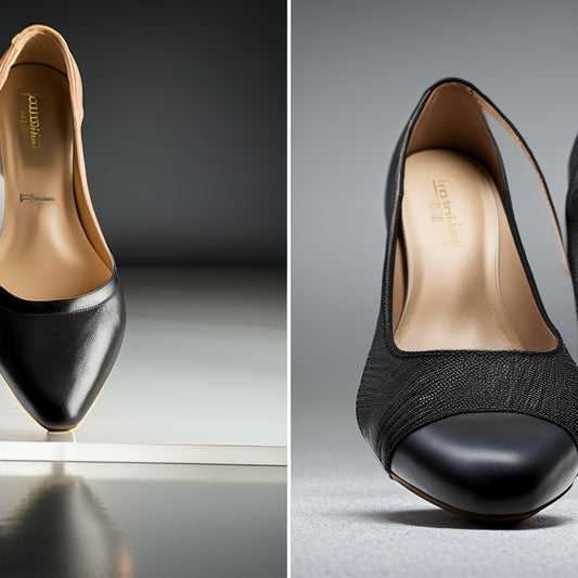 A split-screen image: on the left, a close-up of a dancer's foot in a sleek, black dance shoe with a custom orthotic arch support inserted, and on the right, a similar shoe without the orthotic.