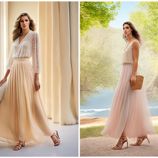 A soft, natural-light-filled background featuring a delicate, lace-trimmed blouse, a flowy, pastel-hued maxi skirt, and a pair of strappy, neutral-colored sandals, artfully arranged together.