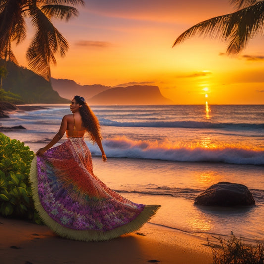 A serene, sun-kissed Hawaiian beach at dusk, with a hula dancer in a flowing, flower-adorned skirt, surrounded by lush greenery, swaying palms, and a subtle, shimmering ocean in the background.