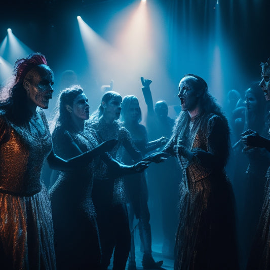 A dark-lit nightclub scene with spotlights shining down on a troupe of undead dancers, their tattered costumes and prosthetic wounds a stark contrast to their energetic, synchronized choreography.