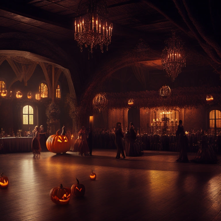 A dimly lit, eerie dance floor with glowing jack-o'-lanterns and cobweb-covered chandeliers, surrounded by dancing ghosts, goblins, and witches of all ages, under a full moon shining through a stained-glass ceiling.