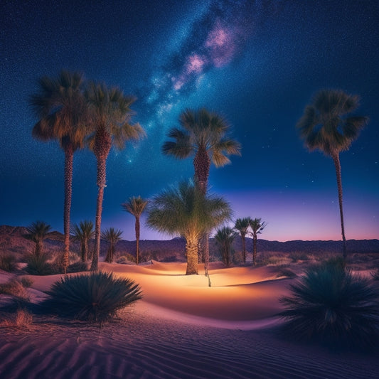 A mesmerizing digital oasis scene with a lone, glowing palm tree surrounded by a sea of shimmering, iridescent sand dunes, set against a vibrant, starry night sky with neon accents.