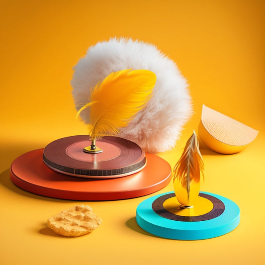 A whimsical illustration of a retro-style scale, with a vinyl record on one side and a pile of feathers on the other, set against a warm, sunny yellow background with subtle music notes.