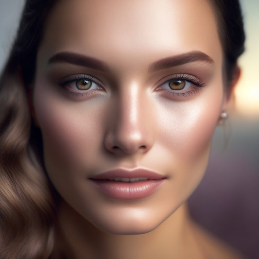 A soft-focus, dreamy portrait of a woman's face with flawless, glowing skin, accentuated with subtle shimmer highlights, surrounded by airbrush makeup tools and a misty, ethereal background.