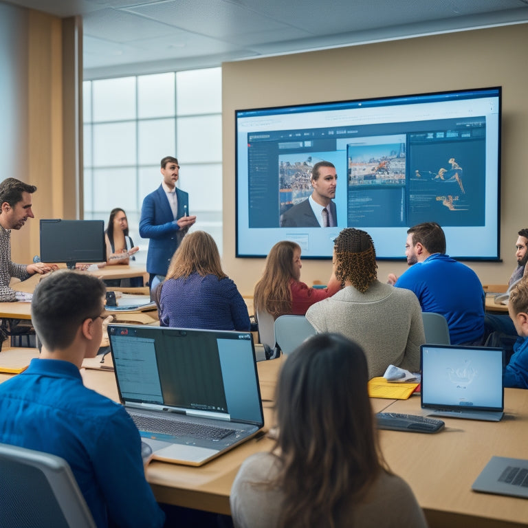 A warm, modern classroom with a large, curved screen displaying a live instructor, surrounded by engaged students with laptops, notebooks, and headphones, amidst a subtle background of digital connections.