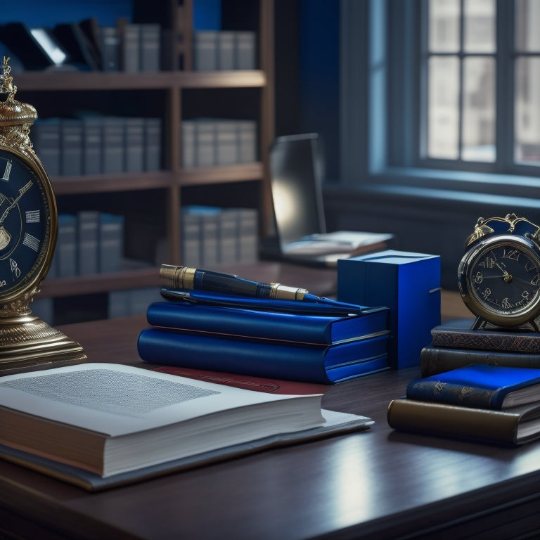 A stern, modern desk with a leather-bound book and a silver pen lying open, surrounded by neat piles of paperwork and a miniature clock tower in the background, set against a dark blue tone.