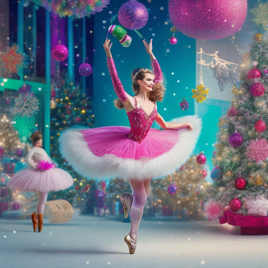 A whimsical illustration of a ballet dancer twirling amidst a flurry of colorful nutcrackers, festive holly, and swirling snowflakes, surrounded by dance-themed activity sheets and colorful pencils.