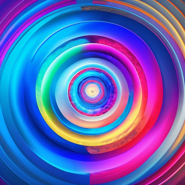 A mesmerizing vortex of swirling YouTube icons, play buttons, and rewind symbols in a kaleidoscope of colors, with a subtle gradient of a TV screen in the background.