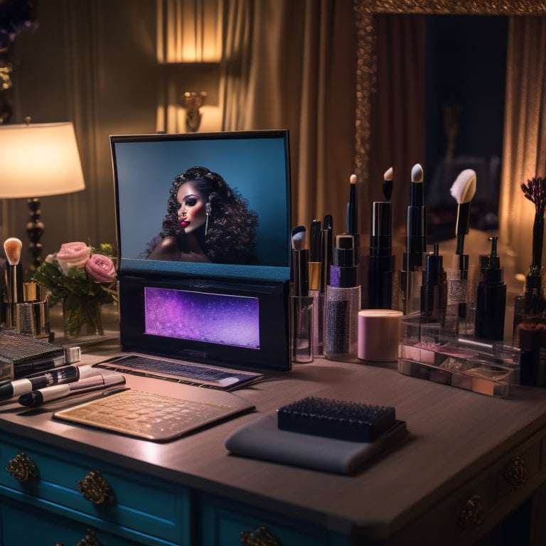 A glamorous, dimly lit makeup station with a vanity mirror, surrounded by various makeup products and brushes, with a laptop open to a dance-inspired wedding makeup tutorial in the foreground.