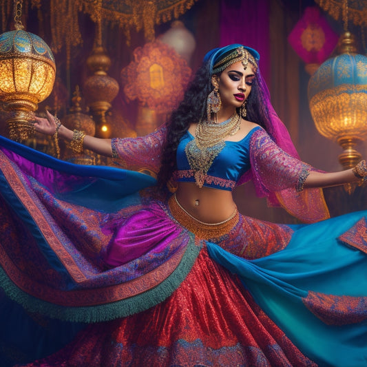 A vibrant illustration of a whimsical belly dancer in mid-movement, surrounded by swirling fabrics, ornate lanterns, and intricate Middle Eastern patterns, set against a rich, jewel-toned background.