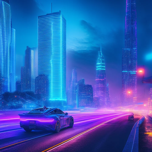 A futuristic, neon-lit cityscape at dusk with sleek skyscrapers, holographic advertisements, and flying cars zipping by, surrounded by circuits, wires, and glowing blue lines, conveying innovation and progress.