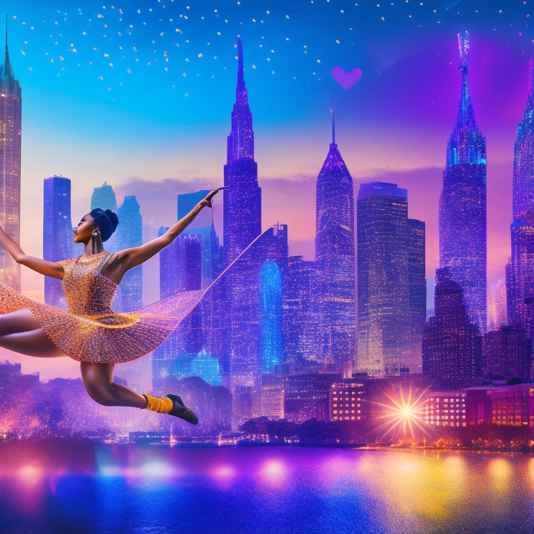A vibrant, stylized illustration of a dancer in motion, surrounded by speech bubbles containing miniature silhouettes of speakers, with a subtle cityscape background and a spotlight shining down.